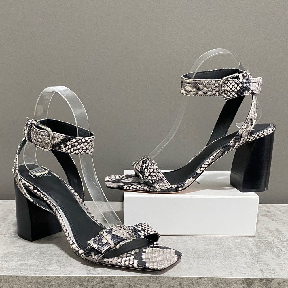 PAIGE lydia block heel sandal in black/white snakeskin embossed Size 9